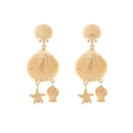 Gold ocean themed drop earrings with starfish and shell pendants on a white background - Ocean Style Gold Version (A)