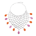 Collana a rete argentata stile mare con nappe di perline a goccia arancioni e viola - Argento