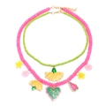 Layered colorful enamel flower pendant necklace with macaron beads and gold clasp - Pink and Green Flower Layered Style (A)