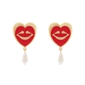 Vintage oorbellen met rode emaille harten, gouden lippen en witte druppelparels - Rood Hart Rode Lippen Stijl (Hoofdkleur)