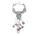 Bohemian vintage zilveren ketting met munt- en bloemhangers en rode edelstenen - Antiek Zilver