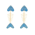 Golden fishbone earrings with blue enamel and me! lettering on white background - Style B / Blue