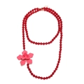 Collar de doble capa con cuentas rojas y un gran colgante de flor rosa vibrante - Rojo y Rosa (A)