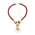 Handmade beaded ocean necklace with red beads, golden shell and tropical fish pendants - Red Gold