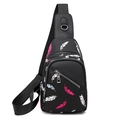Black Oxford waist bag featuring colorful feather prints and adjustable shoulder strap - Colorful Feathers