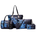 Juego de 6 bolsos negros para mujer con estampado de flores azules y bolso tote - Negro