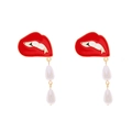 Exaggerated gold alloy red lip earrings with enamel lobster design and teardrop pearls - Red