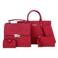 5-piece set of deep red matte leather handbags with elegant woven trim and gold hardware - Red