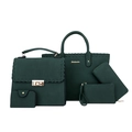 Five-piece dark green handbag set in frosted faux leather with tote and matching pouches - Green