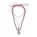 Three-layer layered necklace featuring pink beads and large silver heart pendant charms - Multicolor (A)