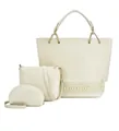Three-piece off-white bag set with tote, crossbody and pouch featuring rivet details - White