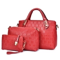 Three-piece red leather handbag set with textured chain emboss and gold hardware - Red