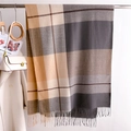 Close-up of thick plaid scarf with tassels styled with a white coat and handbag - Grey Plaid (WT184-5)