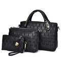 Three-piece black leather handbag set with embossed chain link pattern and gold hardware - Black