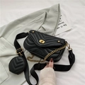 Black quilted crossbody bag set with golden chain strap and round coin purse - Black