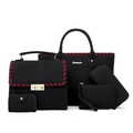 5-teiliges schwarzes Damenhandtaschen-Set mit roten Ziernähten und Goldbeschlägen - 5-teiliges Set / Schwarz