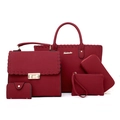 Dunkelrotes 5-teiliges Damenhandtaschen-Set mit Tragetasche und goldenen Beschlägen - 5-teiliges Set / Rot