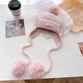 Pink knit Balaclava hood with plush pom-poms and long earflap ties for winter warmth - Pink