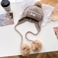 Chic beige balaclava knit hat with faux fur pom-poms and warm ear flaps for winter wear - Khaki
