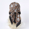 Elegant retro silk-feel square scarf with white camellia print on brown background - 90x90cm / Khaki Camellia Style (FN251-2)