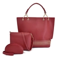 Three-piece women's tote set in dark red faux leather with golden rivet details - Red