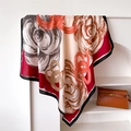 Silk-like floral square scarf with large rose prints and geometric rings hanging on rack - 90x90cm / FU9-3 Red