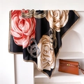 Retro silk scarf with large rose prints and chain patterns on an art display stand - 90x90cm / FU9-2 Black
