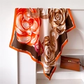 Detailed close-up of floral silk scarf draped on minimalist geometric white display stand - 90x90cm / FU9-1 Coffee