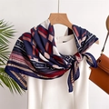 90cm square silk scarf with vintage plaid pattern styled on white dress for women - Navy Patchwork Polka Dot Geometric / Navy (FU8-2)