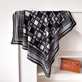 Detail of a 90cm checkered silk scarf featuring houndstooth edges and a soft drape texture - Black White Geometric Houndstooth / Black (FU8-1)