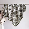 Detail of silk-like square scarf featuring vintage palm leaf patterns and green borders - Green Edge