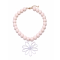 Collier artisanal en perles avec pendentif grande fleur blanche et fermoir mousqueton réglable - Blanc