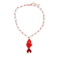 Handmade beaded necklace featuring red woven tropical fish pendant and white pearls - Mixed Red