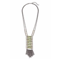 Statement layered multi-strand necklace with green beads and long metallic chain tassels - Green