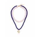Collana a strati con perline crema e blu e un ciondolo a cuore dorato dalla trama ruvida - Blu Bianco Oro(A)