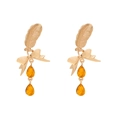 Elegant gold layered feather earrings with bow accents and amber teardrop stones - Brown