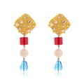 Elegante geometrische lange Tropfenohrringe mit bunten Harzperlen und Kristall-Goldquadraten - Gold/Mehrfarbig