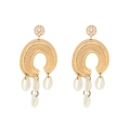 Bohemian C-shaped gold earrings with white bead clusters and natural cowrie shell tassels - Style A