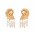 Golden conch shell earrings with baroque pearl pendants in a nautical resort style - Gold