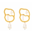 Golden irregular geometric earrings with baroque pearl drops in a long dangle design - Gold