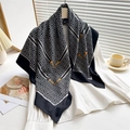 Silk square scarf with black and white geometric pattern and gold buckle print on white shirt - Black