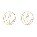 Vintage gold hoop earrings with branch design, pink crystals and white pearls for women - Pink Floral Circle Style (A)