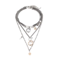 Collar retro de varias capas con colgante de corazón, esfera de reloj y llave - Plateado