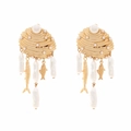 Golden seashell earrings with baroque pearl and fish charm dangling on white background - Gold