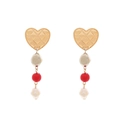 Baroque heart earrings with faux pearls and colorful beads in a vintage gold finish - Gold Quilted Heart with Red & Silver Beads & Baroque Pearl (A)