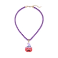 Detailed view of Halloween pumpkin pendant with witch hat on purple twisted cord necklace - Pumpkin Head