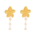 Elegant gold flower earrings with three baroque pearls hanging in a vertical row - Gold