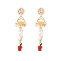 Creative sea horse and crab drop earrings with red chili charm and pearl accents - Colorful
