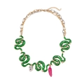 Collar de cadena gruesa con serpientes de esmalte verde y colgantes de chile rosa fucsia - Verde