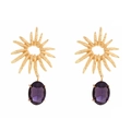 Vintage Goldene Sonnenblumen Ohrringe mit strukturiertem Metall und violetten Edelsteinen - Gold